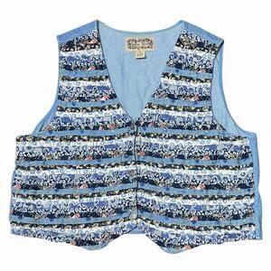VTG DENIM PATCHWORK STRIPE VEST 80s 90s GRANDMA COTTAGE CORE TANTRUM BLUES SZ 2X